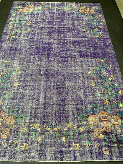 Vintage Rug 7 x 10.8 TURKISH Handmade Rug Violet Purple Vintage Hand Knotted Rug Distressed Persian Rug Oushak Rug, Wool Rug