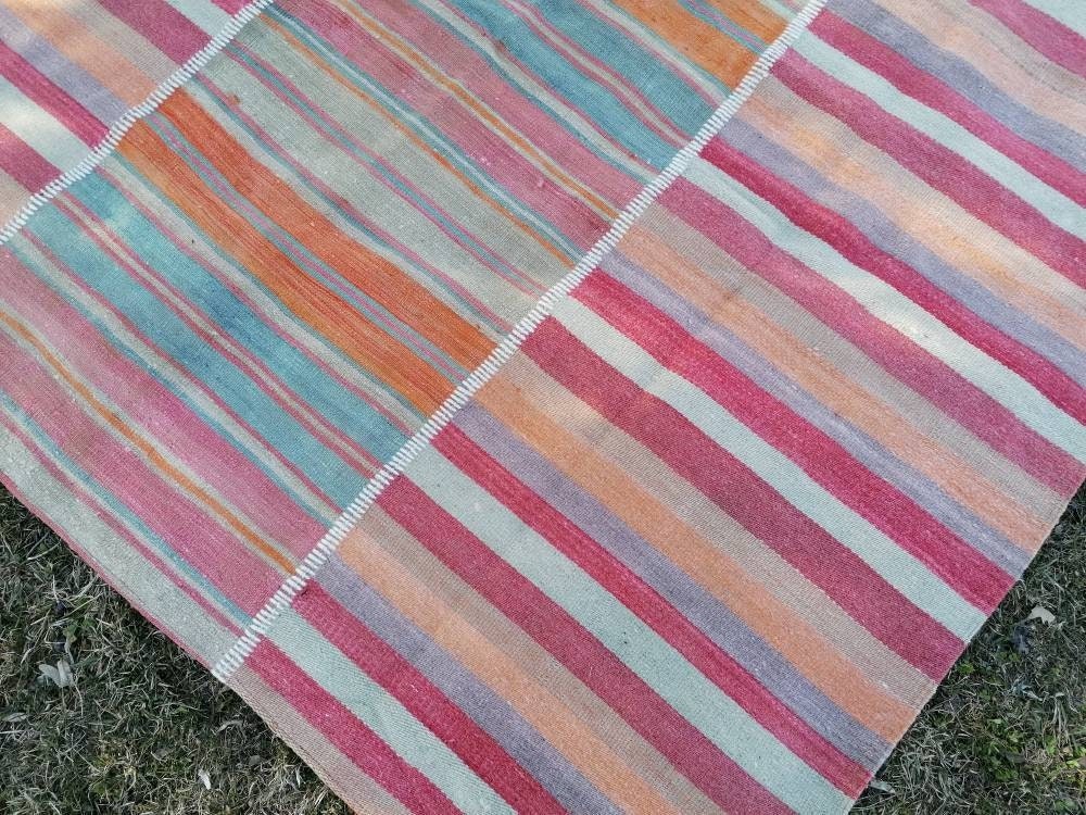 Flatwoven kilim rug 6'4x8'8  stripe hand made rugs, vintage turkish rugs oushak rug vintage oushak rug, wool rug