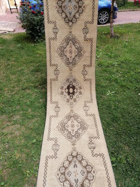 Oushak runner rug, earth tone runner rug, 2'6x10 ft