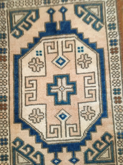 2x3 feet vintage small rug, oushak bedroom small rug, entryway blue small rug, turkish kitchen mini rug,, muted persian design bathroom rug