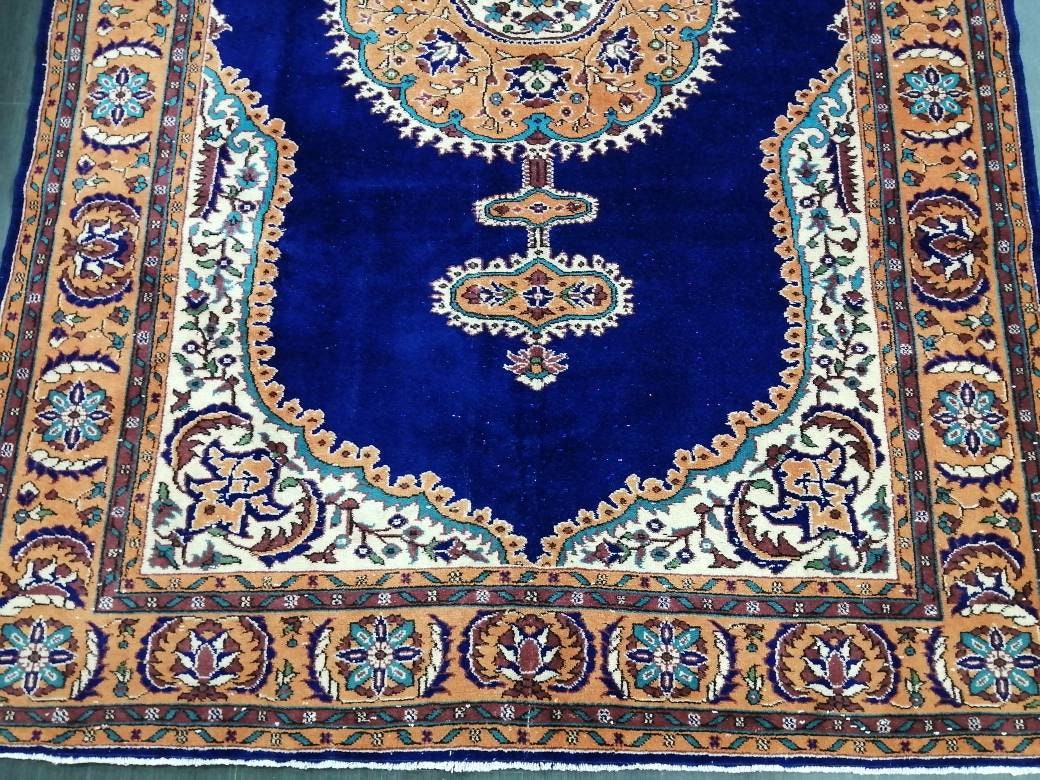 Navy High Wool Pile OUSHAK RUG 7 x 10.7 TURKISH Oushak Rug Vintage High Pile Oushak  Rug Vintage Rug Wool Oushak Rug Blue Rugs Persian Rug
