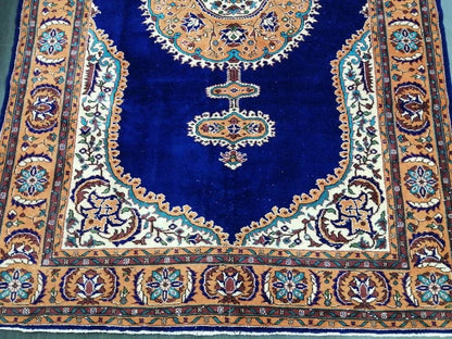 Navy High Wool Pile OUSHAK RUG 7 x 10.7 TURKISH Oushak Rug Vintage High Pile Oushak  Rug Vintage Rug Wool Oushak Rug Blue Rugs Persian Rug
