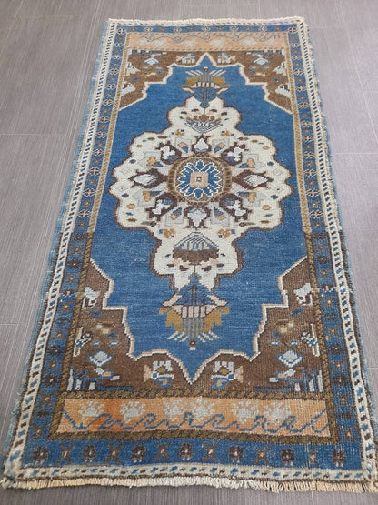 Blue Turkish Rug Small Area Vintage Rug 2x4 Oushak Rug,Hand woven Rug Hand Knotted Rug, Vintage OrientalRug Kitchen Rug door mat