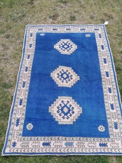 Turkish blue rug, vintage wool rug, oushak vintage rug,kitchen rug, 4x5'6 vintage anatolian rug,unique hand made bohemian