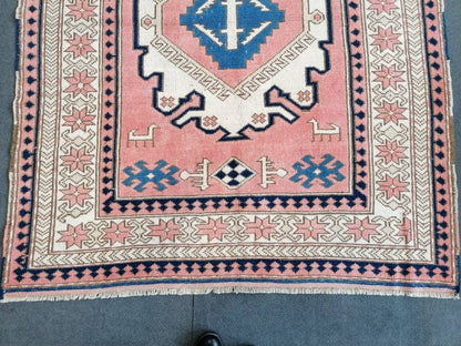 Vintage blue rug, oushak pink rug 4'9x6 handmade wool rug, living room rug