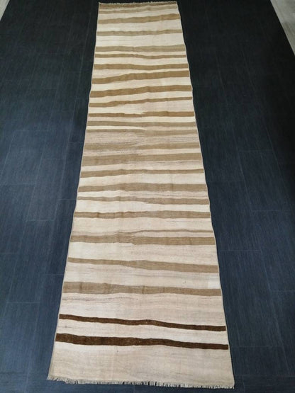 Neutral Vintage Runner rug , Neutral Flat woven Kilim Runner 11.6 x 2.7 Oriental Runner Rug, Oriental Carpet, Vintage Kilim Rug Wool Carpet