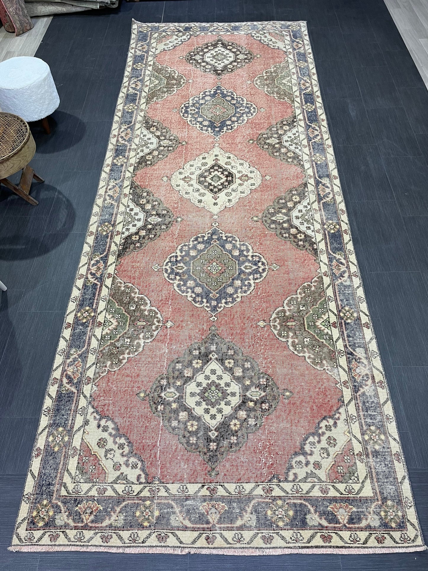 Wool Hand Knotted Runner Rug, Turkish 4.6 x 12.4 Runner Rug, Vintage Runner Rug, Hallway Runner Rug Kitchen Runner Rug, Oushak  Runner Rug