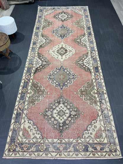 Wool Hand Knotted Runner Rug, Turkish 4.6 x 12.4 Runner Rug, Vintage Runner Rug, Hallway Runner Rug Kitchen Runner Rug, Oushak  Runner Rug