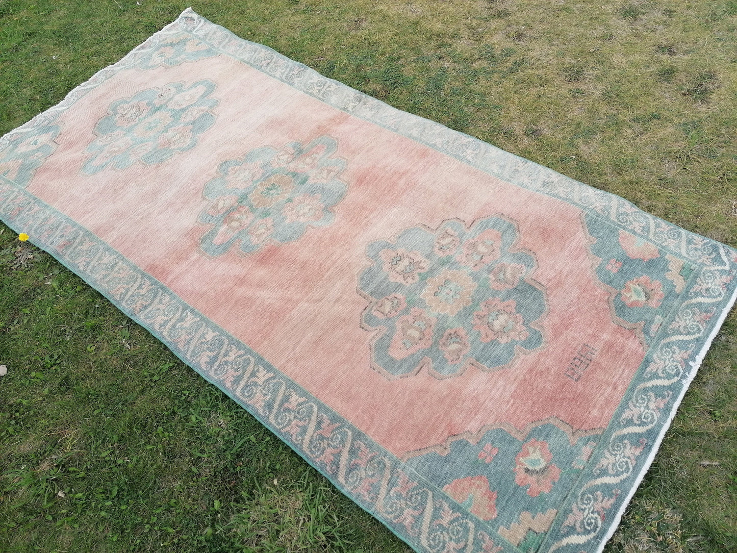 4'6x9'6 oushak turkish runner rug,vintage green runner rug, hallway runner rug, hand made wool runner, kitchen rug