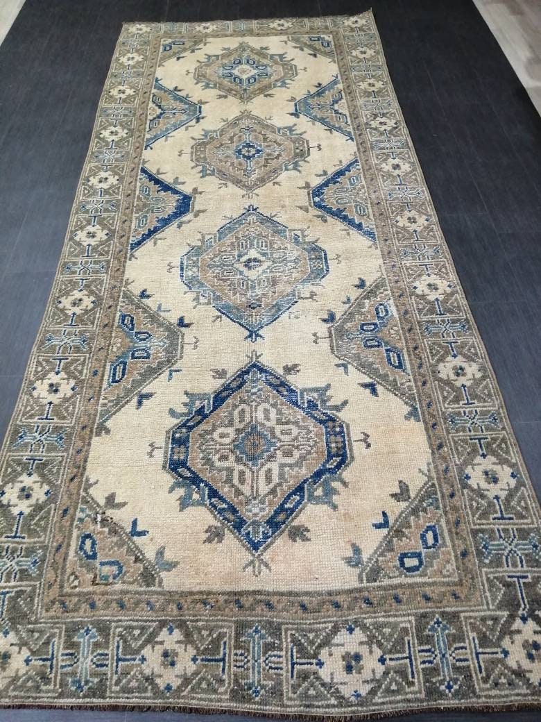 Antique Oushak Runner Rug Turkish Runner Rug Vintage Runner Rug 11.9 x 4.9 Hallway Runner Rug Antique Oriental Runner Rug Blue Beige Runner