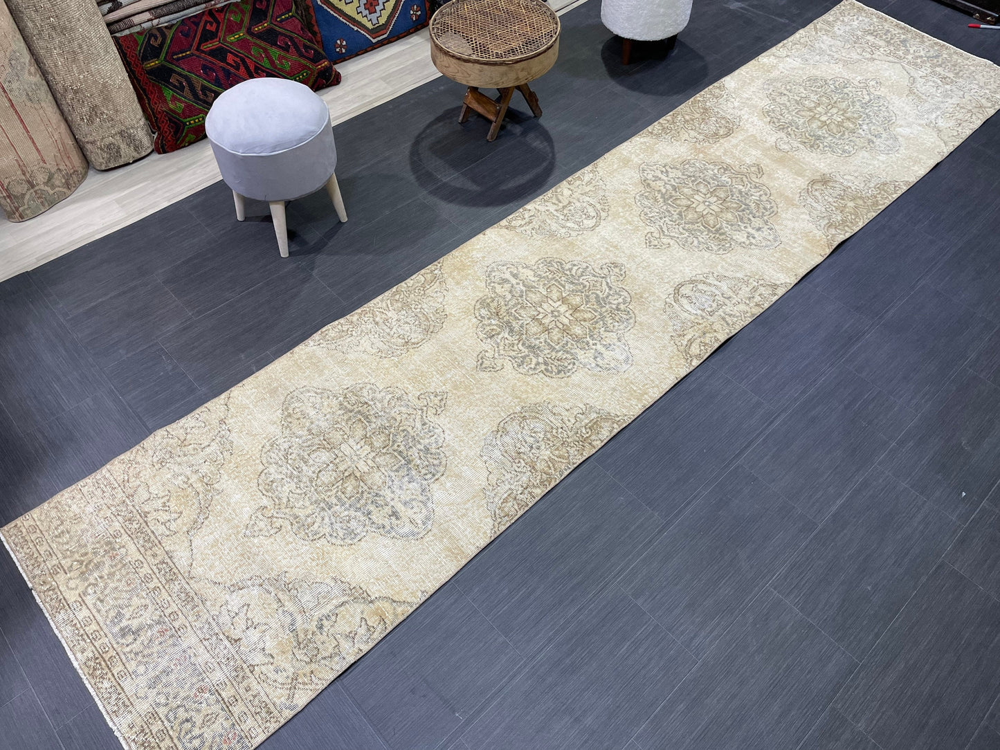 Muted Distressed Runner Rug, Vintage 2.10 x 12.9 Runner Rug, TURKISH Muted Runner Rug, Oushak Runner Rug, Fine Runner Rug,Antique Runner Rug