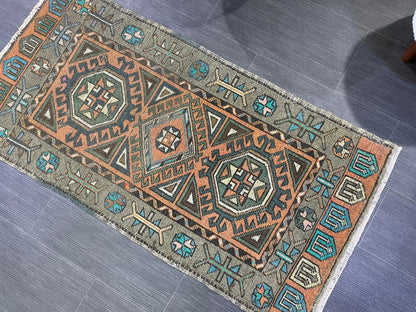 Hand Knotted Runner Rug, Vintage 2 x 4.4 Runner Rug,Handmade Short Runner Rug,Bathroom Runner Rug, Antique Runner Rug, Vanity Runner Rug