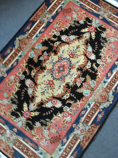 3x5 feet handmade new turkish floral rug, medium size pink wool bedroom rug, middle kitchen floor black rug, laundry rug, living room rugs