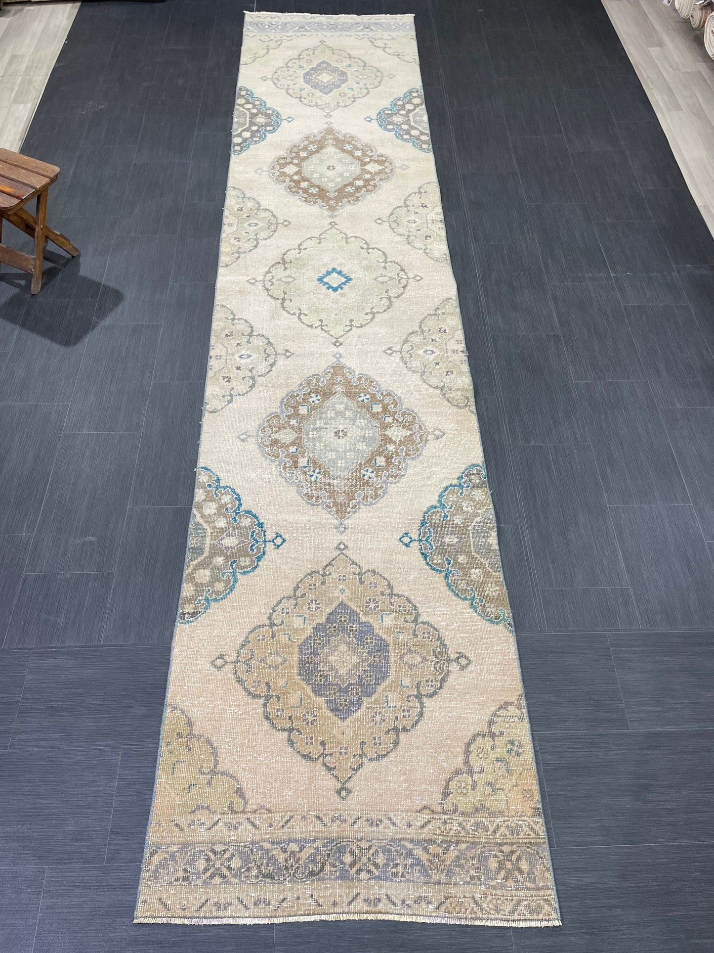 Muted Turkish Runner Rug Vintage 3 x 13.7 Runner Rug Hallway Runner Rug Hand Knotted Runner Kitchen Runner Rug Handmade Runner Rug