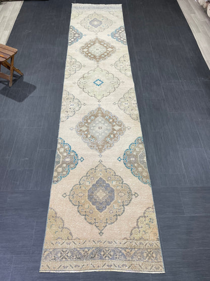 Muted Turkish Runner Rug Vintage 3 x 13.7 Runner Rug Hallway Runner Rug Hand Knotted Runner Kitchen Runner Rug Handmade Runner Rug