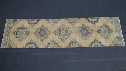 Turkish runner rug, distressed vintage wool runner 3'4x12'6 hallway oushak runner, kitchen runner rug, bohemian handmade rug