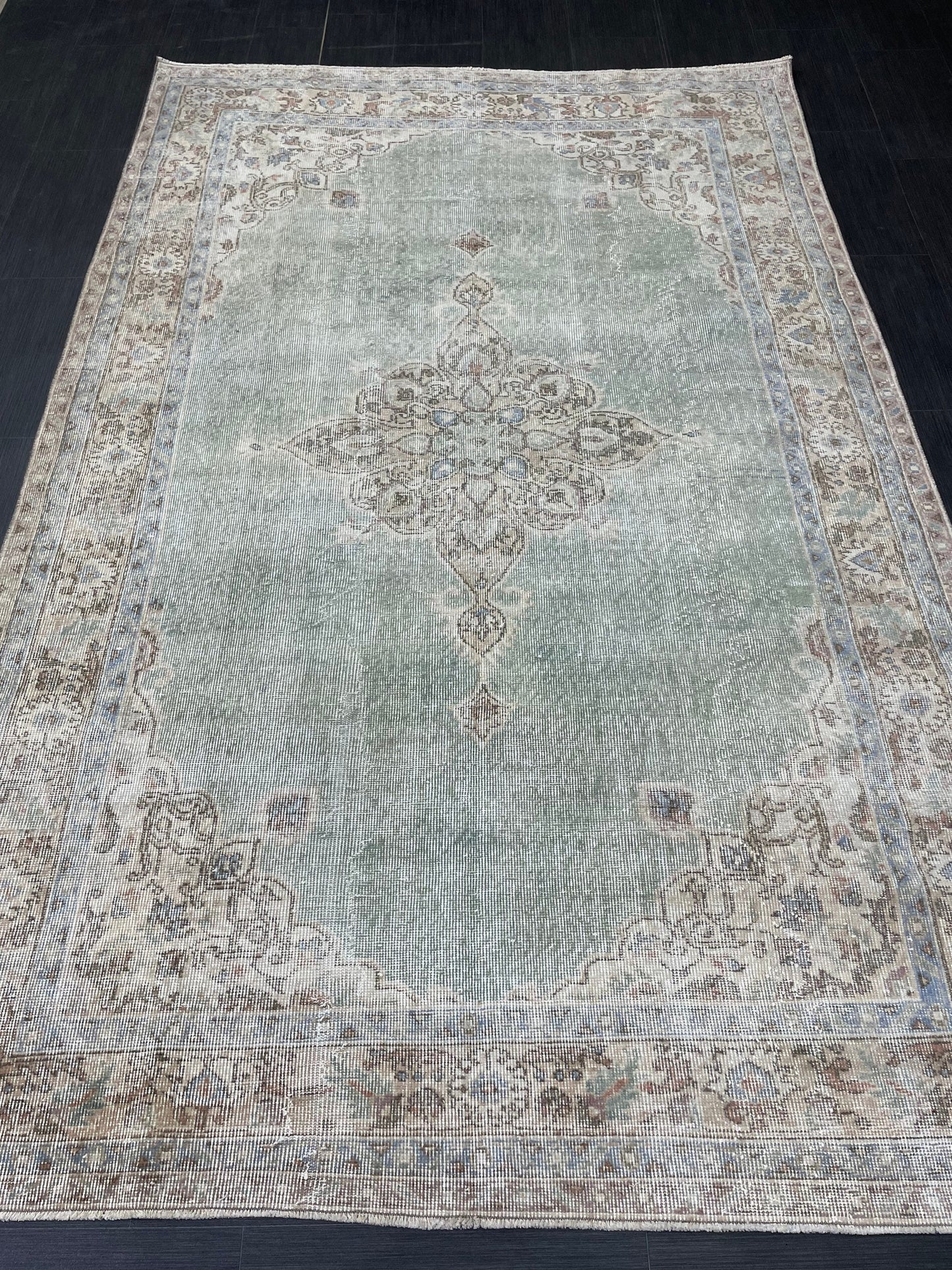 Green Vintage Rug Vintage 5.6 x 8.8 Hand Knotted Rug Wool Oushak Rug Hand Made Rugs Vintage Turkish Rug Persian Rug Distressed Rug