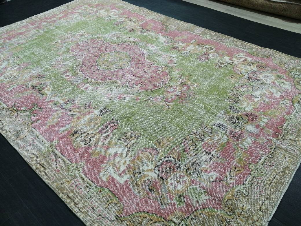 Oriental Rug 10 x 6.7 TURKISH Oushak Rug Vintage Antique Rug Vintage Green and Pink Rug Wool Distressed Rug Hand Made Rug