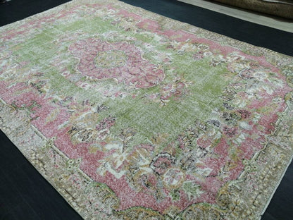 Oriental Rug 10 x 6.7 TURKISH Oushak Rug Vintage Antique Rug Vintage Green and Pink Rug Wool Distressed Rug Hand Made Rug