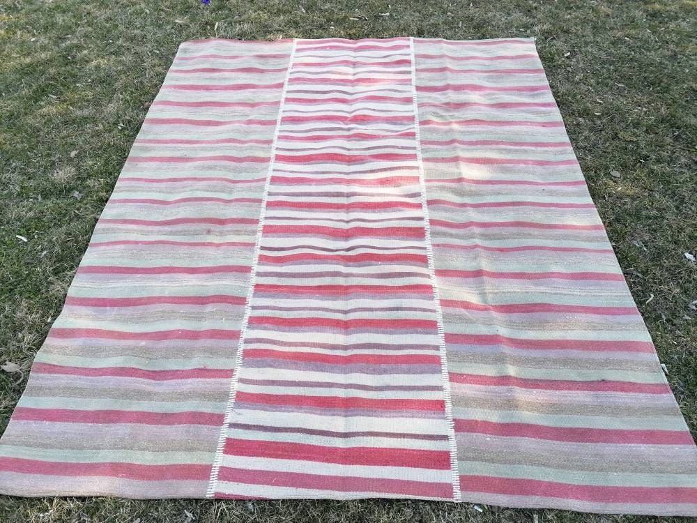 6'9x8'5 flatwoven kilim rug, stripe turkish hand made rugs  vintage turkish rugs oushak rug vintage oushak rug, wool rug