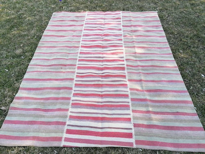6'9x8'5 flatwoven kilim rug, stripe turkish hand made rugs  vintage turkish rugs oushak rug vintage oushak rug, wool rug