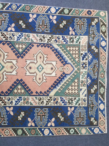 Vintage blue rug,turkish oushak rug 6'8x4'2 wool rug