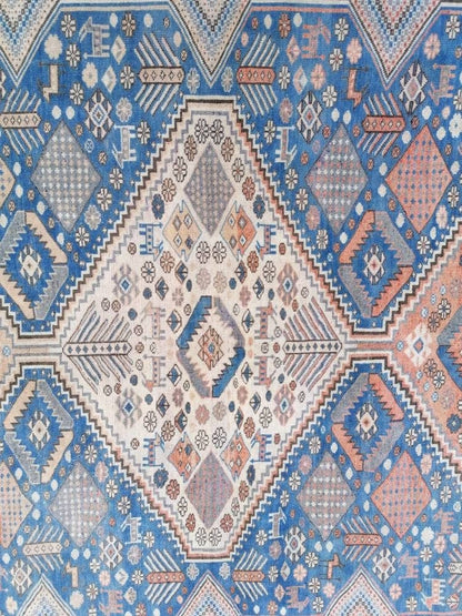 Turkish blue wool rug 6'8x10 large oushak vintage rug, unique hand made, living room rug