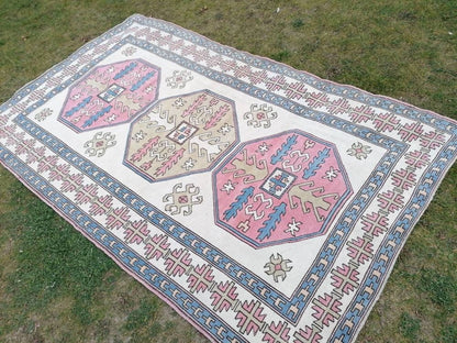 Bohemian pink color rug, pastel green oushak blue rug , turkish wool rug, handmade living room rug 5'9x9'5 feet