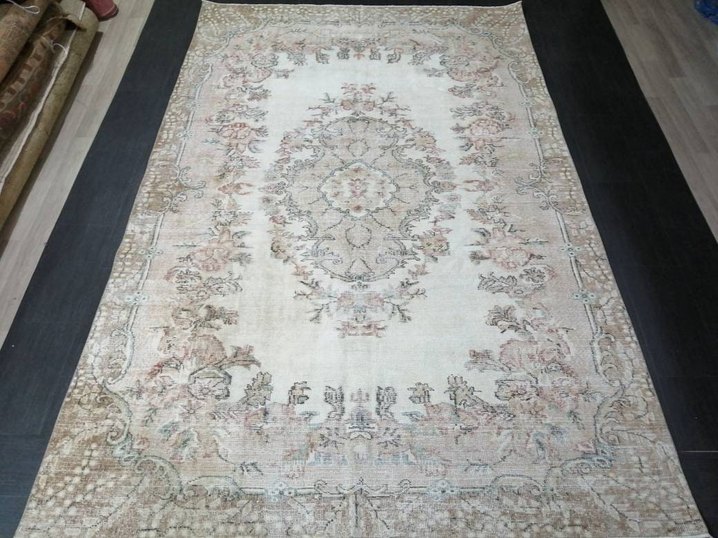 Floral Muted OUSHAK RUG 10.3 x 6.6 TURKISH Rug Oriental Vintage Wool Rug Muted Hand Made Rugs Vintage Turkish Rug