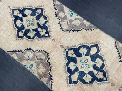 Vintage Runner 3.2 x 10.6 TURKISH Muted Runner Rug Vintage Oushak Runner Rug Navy Runner Rug Wool Oriental Runner Antique Runner Rug