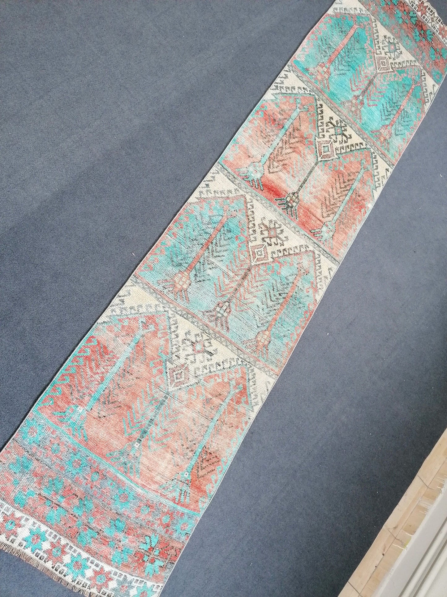 12'x2'11 vintage blue runner rug, vintage hallway runner, vintage kitchen runner rug, vintage anatolian rug