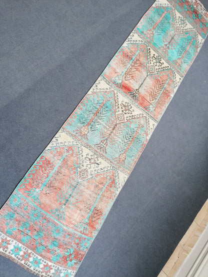 12'x2'11 vintage blue runner rug, vintage hallway runner, vintage kitchen runner rug, vintage anatolian rug