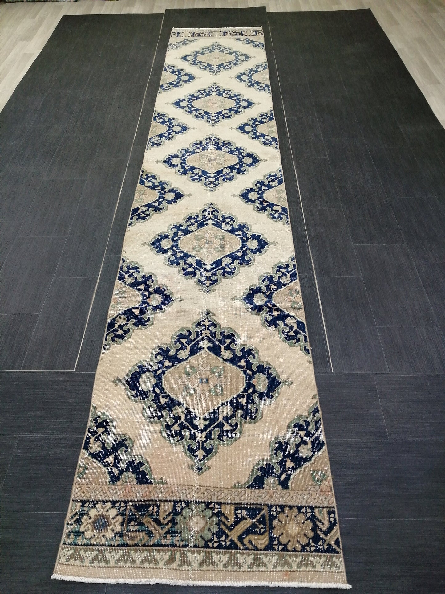 2.6 x 14 Long Navy Oushak Runner Rug Turkish Runner Rug Vintage Runner Rug Hallway Runner Rug Kitchen Runner Rug Wool Runner Rug Wool  Rug