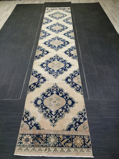 2.6 x 14 Long Navy Oushak Runner Rug Turkish Runner Rug Vintage Runner Rug Hallway Runner Rug Kitchen Runner Rug Wool Runner Rug Wool  Rug