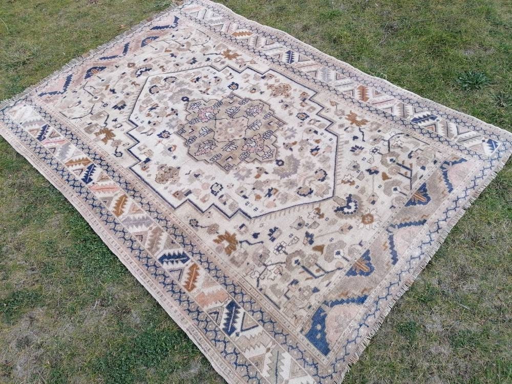 Oushak turkish wool rug 5'6x7'6 pastel vintage handmade rug, living room rug