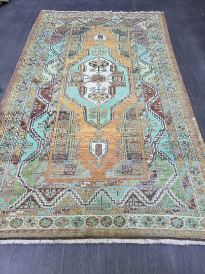 4.9 x 7.9 Rug, Handmade Rug, Oushak Rug,  Anatolian Rug, Hand Knotted Turkish Rug, burnt orange and turquoise Rug, Vintage Rug, Wool rug