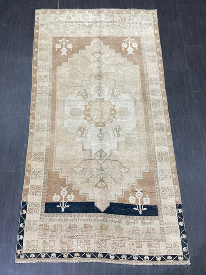 MUTED Handmade 4 x 7.3 Rug Vintage Turkish  Rug Brown Soft wool Rug NATURAL Wool Rug, Living Room Rug, Oushak Rug, Hand Knotted Kitchen Rug