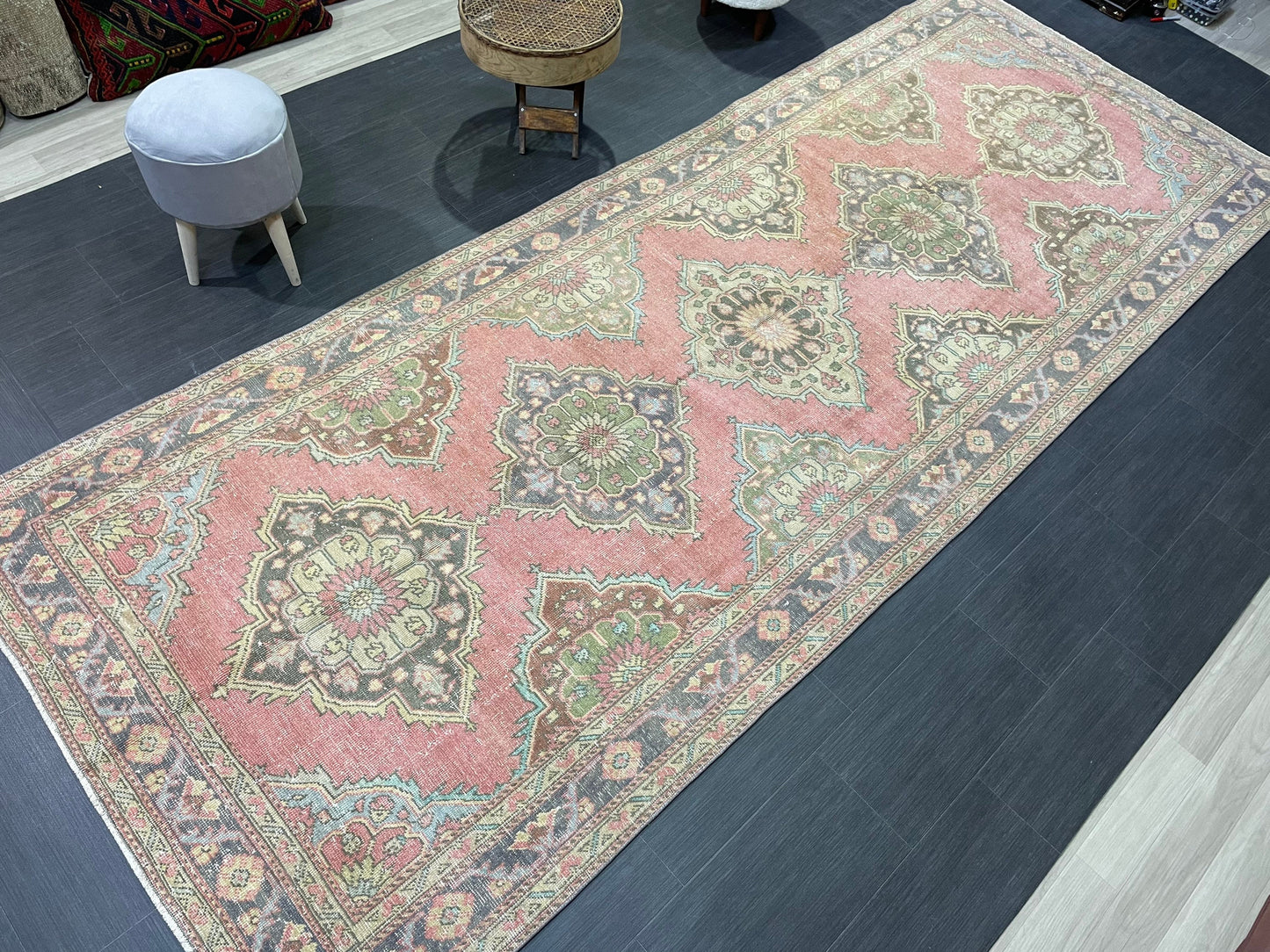 Vintage Runner rug, Persian 5 x 12.6  Runner RUG, TURKISH Runner, Pink Runner Rug, Turkish Oushak Rug, Wool Runner Rugs, Handmade Runner