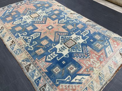 Muted Wool TURKISH Rug 4.6 x 7.4 Blue Vintage Persian Rug Vintage Oriental Rug Vintage Hand Made Rug Wool Vintage Oushak Rug