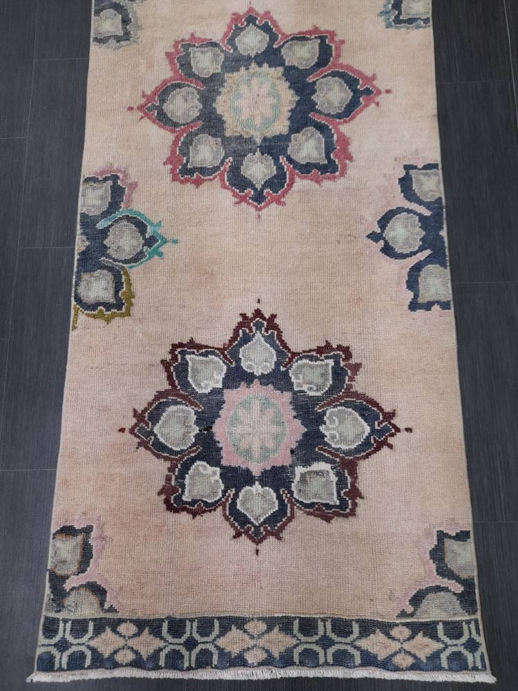 Muted Vintage Runner Rug 2.7 x 10.4 Muted Turkish Runner Rug Hand Made Runner Rug Vintage Runner Rug Hallway Runner Rug Distressed Runner