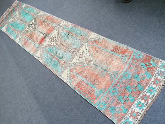 12'x2'11 vintage blue runner rug, vintage hallway runner, vintage kitchen runner rug, vintage anatolian rug