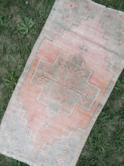 Vintage rug,  pastel vintage oushak rug, small faded unique hand made 3x1'7 feet