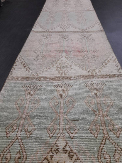Muted Vintage Runner Rug 3.2 x 12.3 Hand Made Runner Rug Turkish Runner Rug Pink Vintage Runner Rug Hallway Runner Rug Distressed Runner Rug