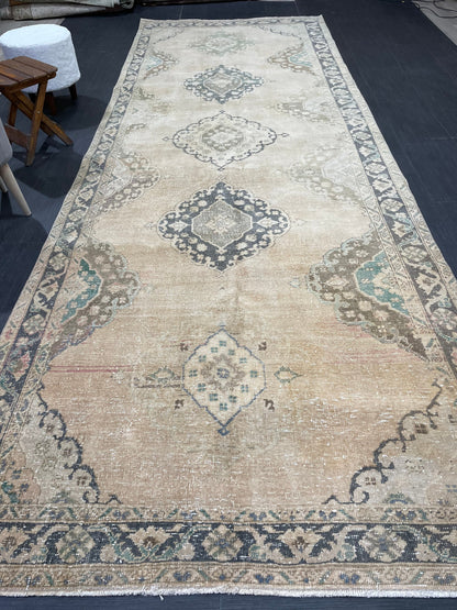 Muted Vintage Runner Rug Vintage Oushak Runner Rug 4.7 x 13 Hallway Runner Rug Turkish Kitchen Runner Rug Antique Wool Oriental Runner Rug
