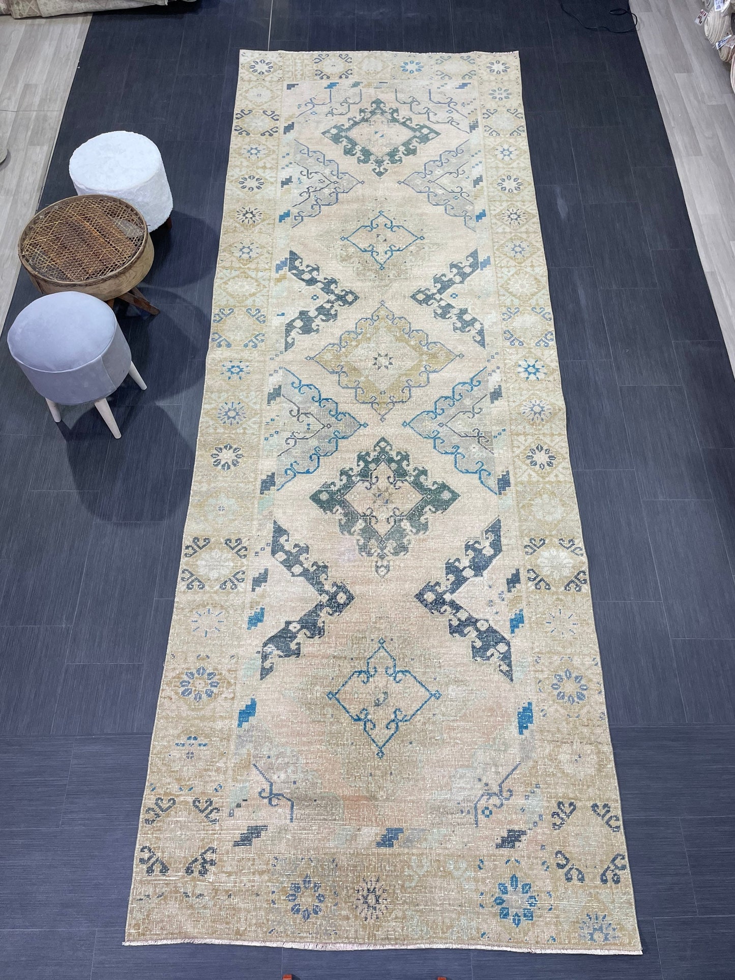 Vintage RUG, Antique Rug, 4.6 x 12.9 Distressed Muted Rug, Muted Wool Neutral Rug, Handmade Rug, Vintage Turkish Rug, Hand Knotted Rug,