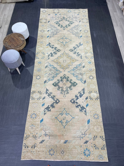 Vintage RUG, Antique Rug, 4.6 x 12.9 Distressed Muted Rug, Muted Wool Neutral Rug, Handmade Rug, Vintage Turkish Rug, Hand Knotted Rug,