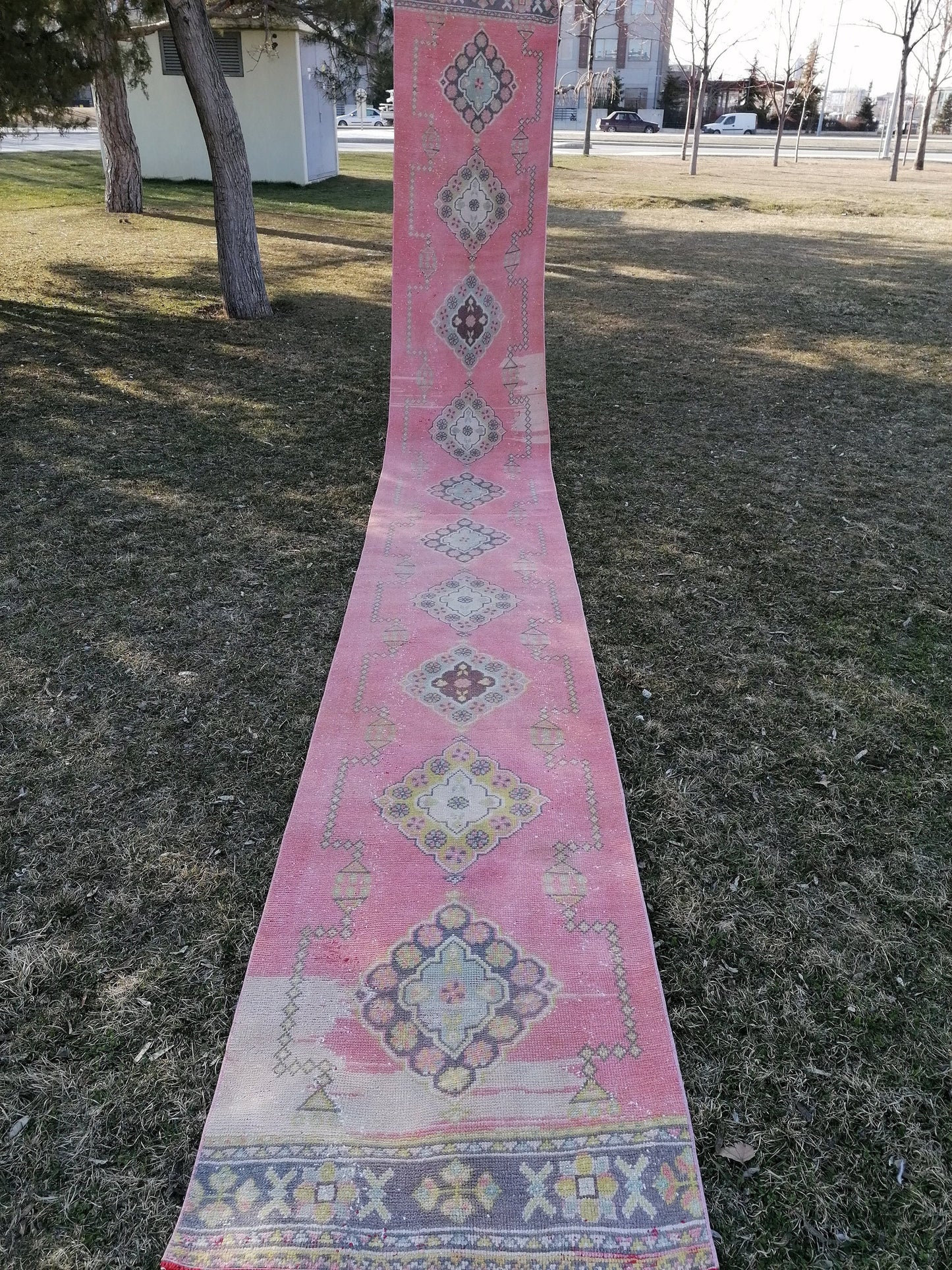 Vintage runner rug 2.10 x 22.10 pink runner rug, oushak wool handmade runner
