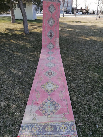 Vintage runner rug 2.10 x 22.10 pink runner rug, oushak wool handmade runner