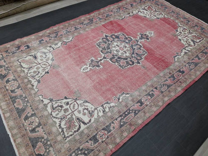 Vintage Turkish Rug 6.6 x 10.9 Red Vintage Persian Rug Muted Vintage Rug Wool Muted Oushak Rug Hand Made Rugs Vintage Distressed Turkish Rug