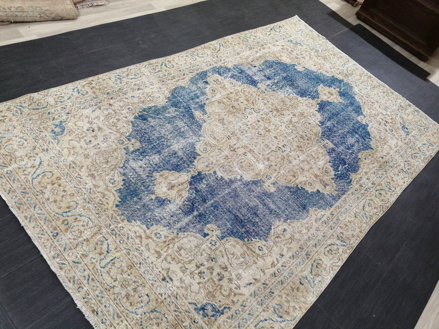 6.3 x 10.5 Denim Blue OUSHAK RUG TURKISH Oushak Rug Vintage Oushak Rug Vintage Runner Rug Wool 10x6 Rug Hand Made Rugs distressed Rug